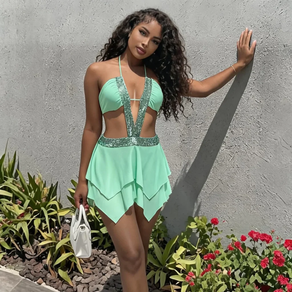 Summer fashion new European and American beach spice girl style dress leisure holiday deep V-neck backless waist sexy skirt. 2