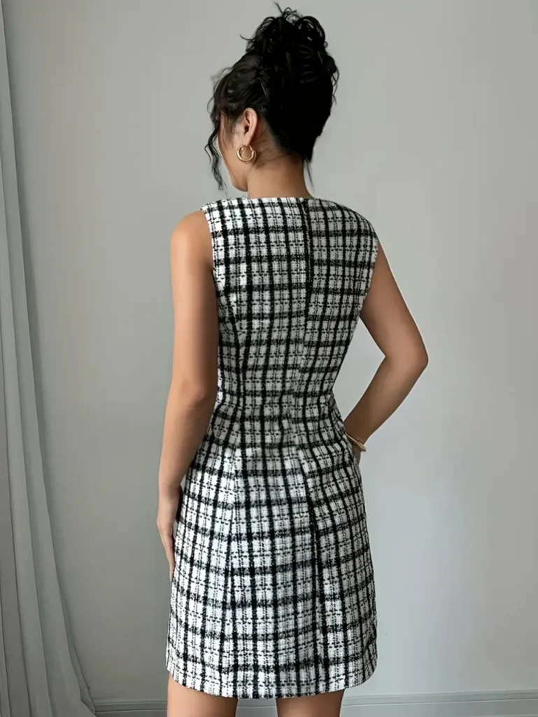 Women Round Neck Sleeveless Plaid Mini Dress Bow Decor Slit Hem Bodycon Dress For Party Daily Occasion 2