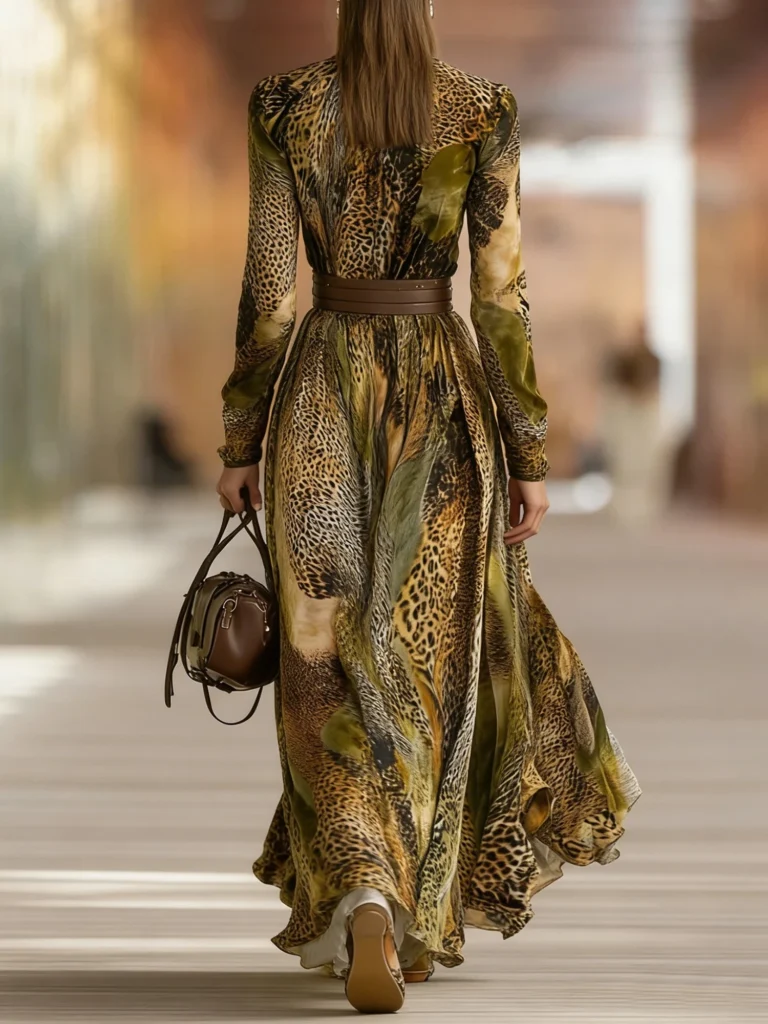 Vintage A-Line Long Dress Women's Floral Leopard Print Turtleneck High Waist Party Dress Autumn Long Sleeve Flowy Maxi Dresses 2