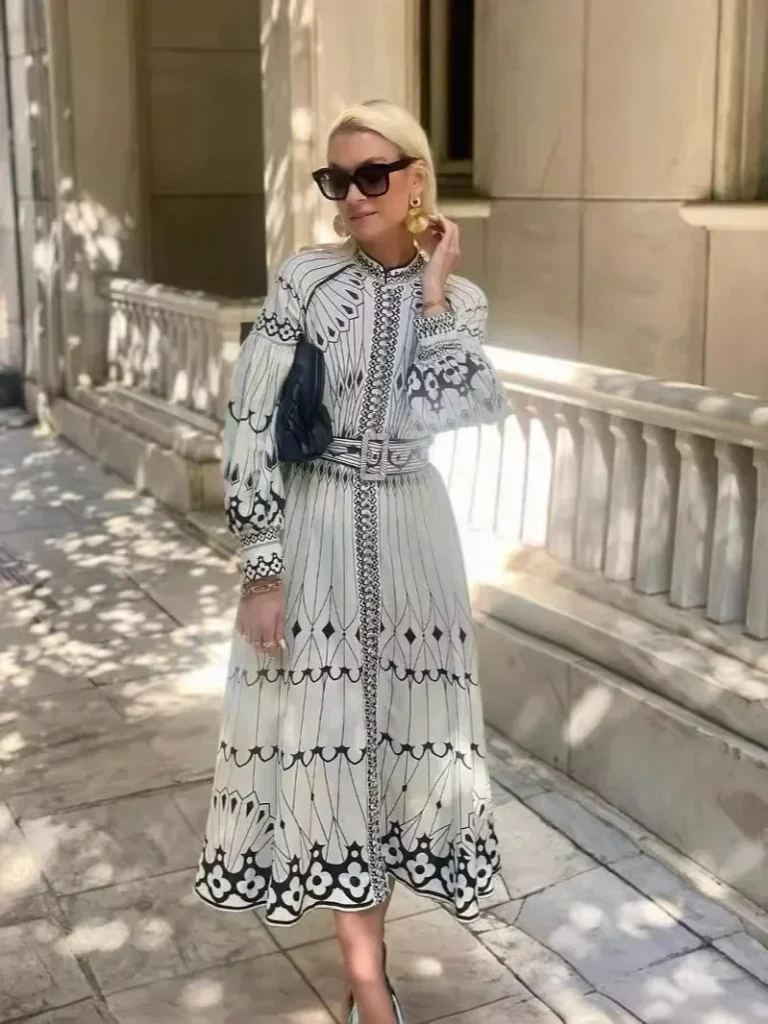 Retro Elegant Stand Collar Long Dress Women Spring Pattern Print Belted Buckle Party  Autumn  Sleeve A-Line Boho 4