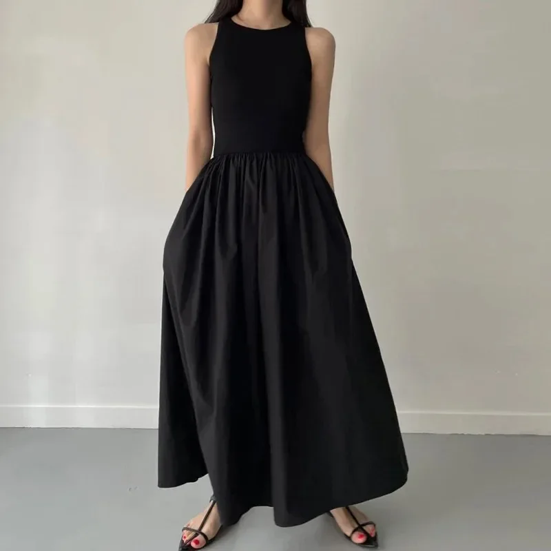 New Summer Simple Elegant Black Long Dresses For Women Round Neck Sleeveless High Waist Temperament Female Fashion Style Dress 4