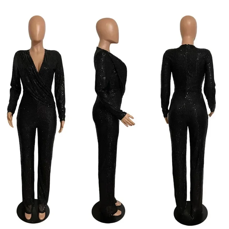 New Fashion Sequins Jumpsuit For Women Long Sleeve V Neck Draped Autumn Winter Rompers Celebrity Evening Party Club Overall 6
