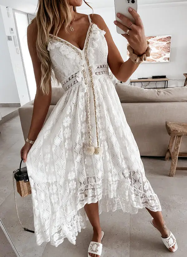 Summer Fashion Sexy Beach Vacation Long Dress Lace Sleeveless Women Dress V Neck Hollow Out Elegant Loose Dresses 5