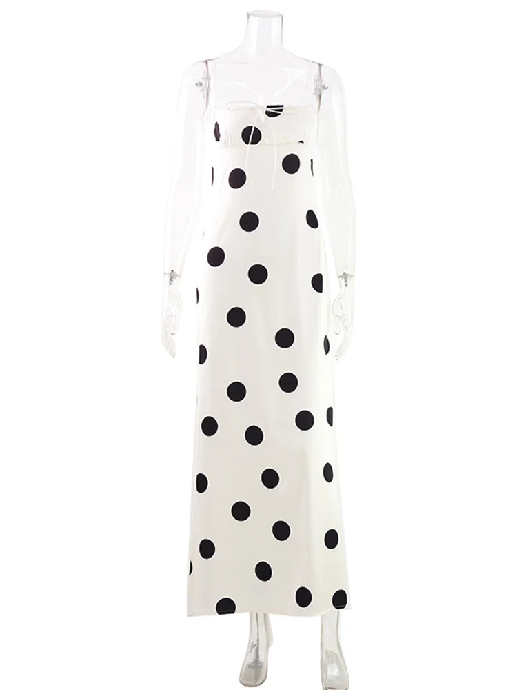 Dot Printed Maxi Dresses For Women Fashion Sexy Streetwear Sleeveless Sheath Slash Neck Long Vestidos Robes Female Outfit Slim 5