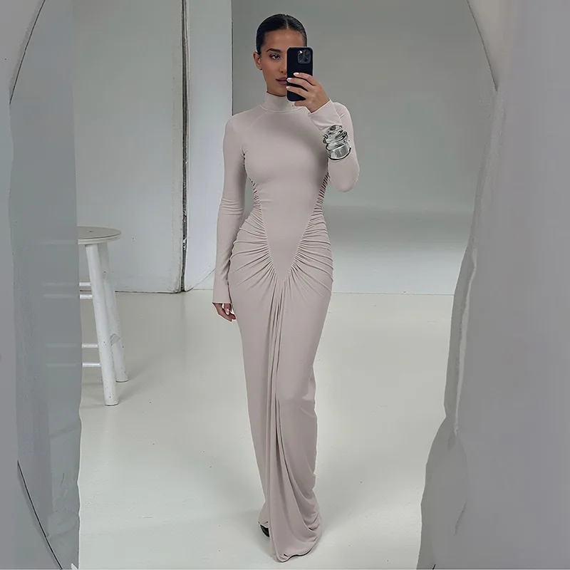 Elegant Solid Long Sleeve Backless Long Dress For Women Solid Skinny Elasticity Party Vestidos Bodycon Ruched Dress 2025 Winter 3