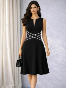 Womens Sleeveless Elegant Summer Work Office A-Line Vintage Front Zipper Business Casual Party Slim Fit And Flare Swing Dress