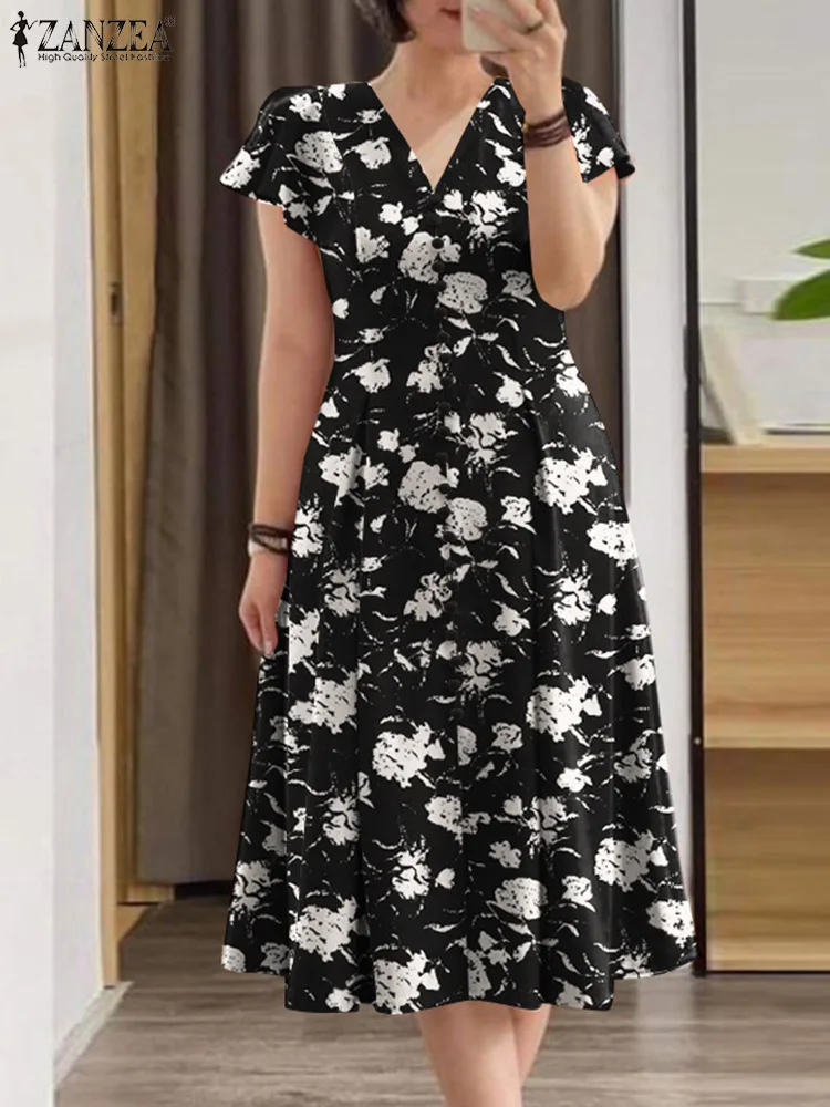 Women Elegant OL Work Floral Mid-calf Sundress ZANZEA Fashion Summer V Neck Short Sleeve Printed Dress Vintage Holiday Vestido 2