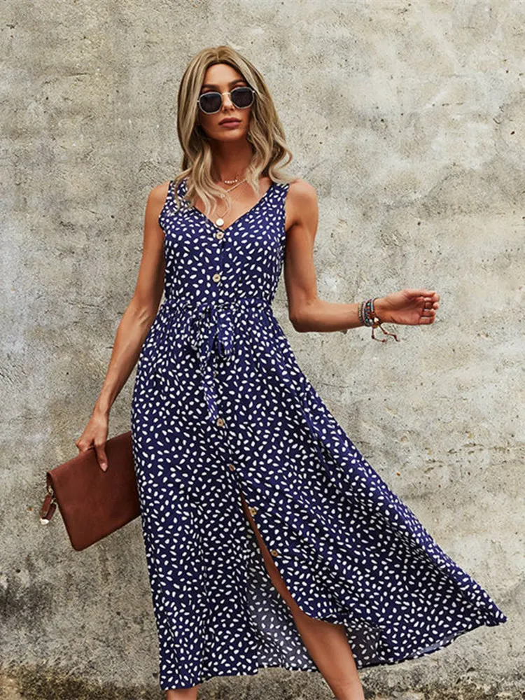 V Neck Print Sleeveless Causal Long Dress Women Fashion Spring Summer Dress with Belt 2