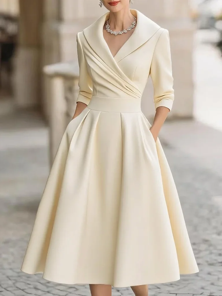 Women's Vintage V Neck Long Sleeve Wrap Waist A Line Midi Dress with Pockets 3