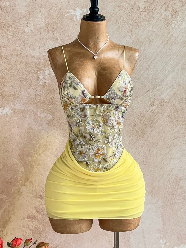 Women Spaghetti Strap Floral Printed Mini Dress Cutout Front Ruched Bodycon Short Dress For Club Night Party Occasion 4