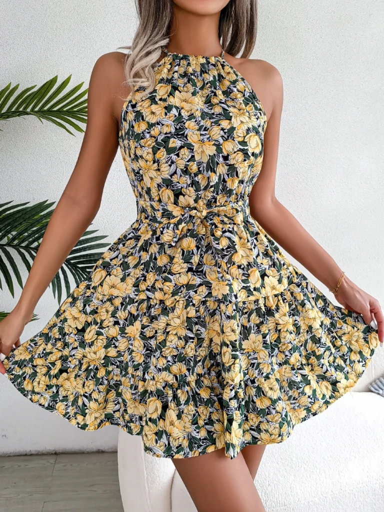 Women Summer Casual Floral Print Ruffle Halter Dress 6