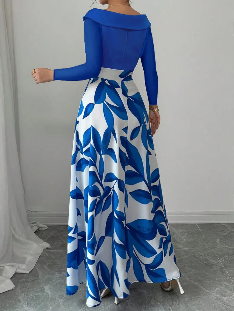 Women's Blue White Floral Maxi Dress Asymmetric Neckline Color Block Design Ideal for Evening Events Garden Parties Elegant Styl 6