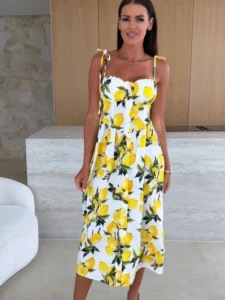 Summer Fashion Sleeveless Women Sling Dress Print Elegant Casual Long Party Evening Dress