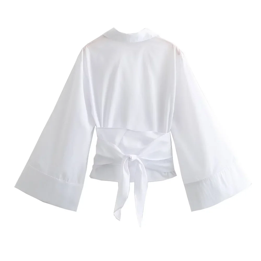 New Women's Fashion Casual Polo Neck Bow Tie up Short Edition Double Breasted Poplin Shirt 5