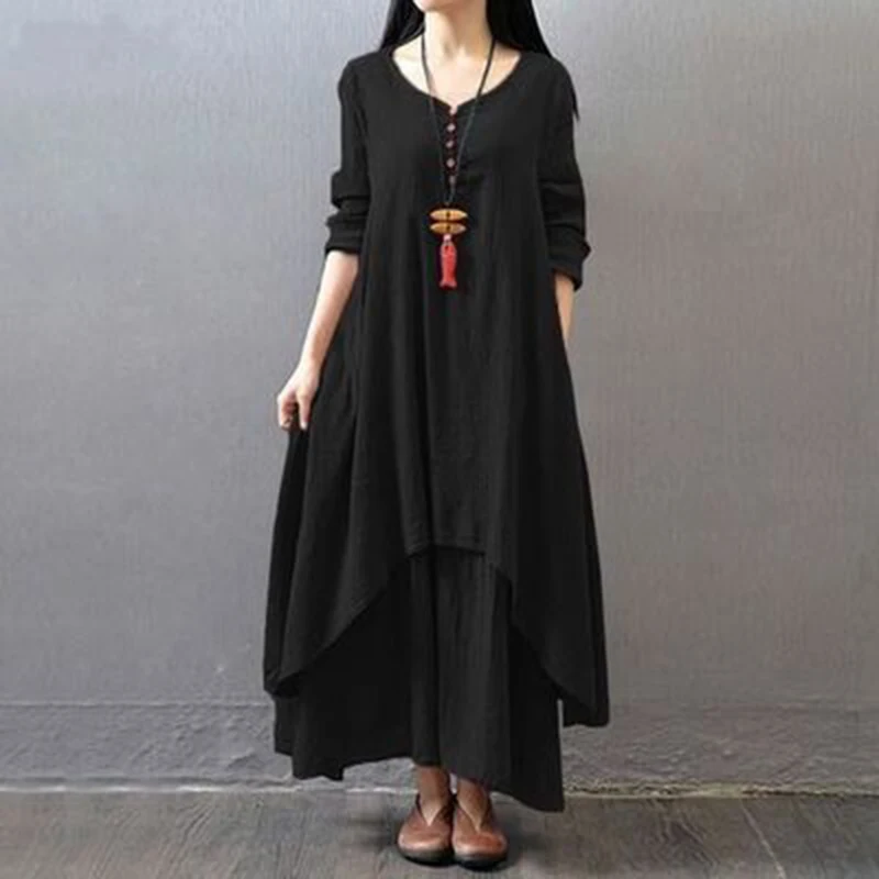 Spring Autumn Women Maxi Dresses Casual Full Sleeve Bohe Cotton Women'S Casual Fashion Loose Long With Button Solid Color Dresse 2