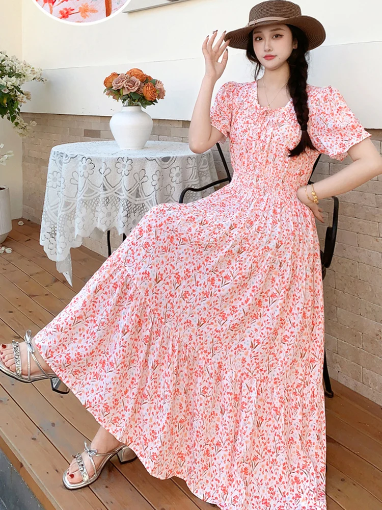 Summer New Cotton Silk Floral Print Maxi Dr ort Sve Beachwear High Waist Young Women's Large Skirt Swing Dr 1
