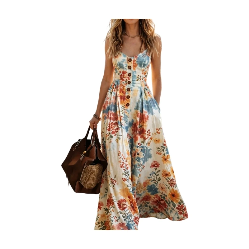 Women V Neck Spaghetti Strap Floral Print Maxi Dress Button Front A Line Flowy Dress For Casual Holiday Occasion 4