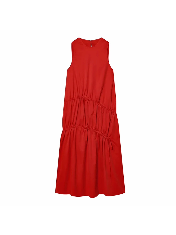Women New Summer Sleeveless O-neck Long Dress Women's French Style Loose Vintage Bow Midi Dress Female Beach Dress Vestido 3