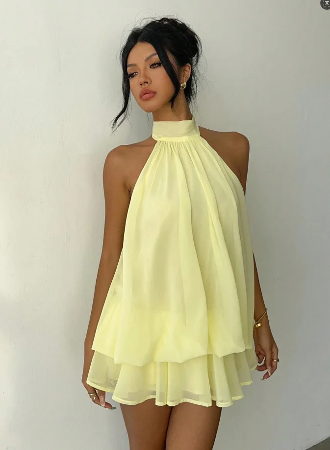 Women's Vacation Slim Fit Fashion Sexy Backless Halter Tie Waist Versatile Solid Color Dress, Stylish and Comfortable Summer 3