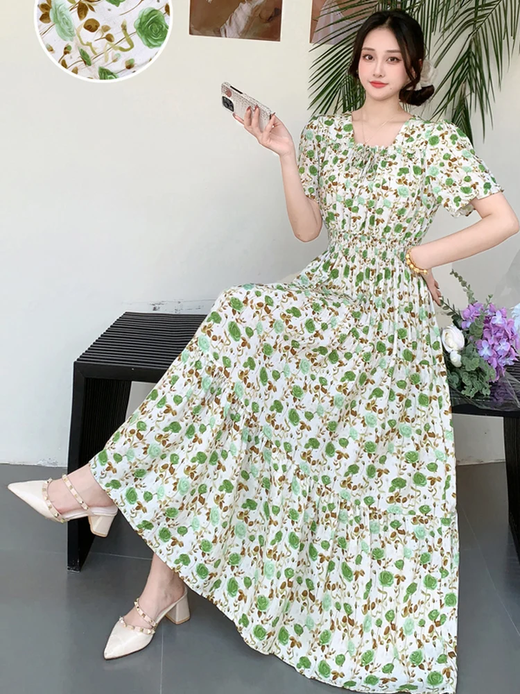 Summer New Cotton Silk Floral Print Maxi Dr ort Sve Beachwear High Waist Young Women's Large Skirt Swing Dr 5