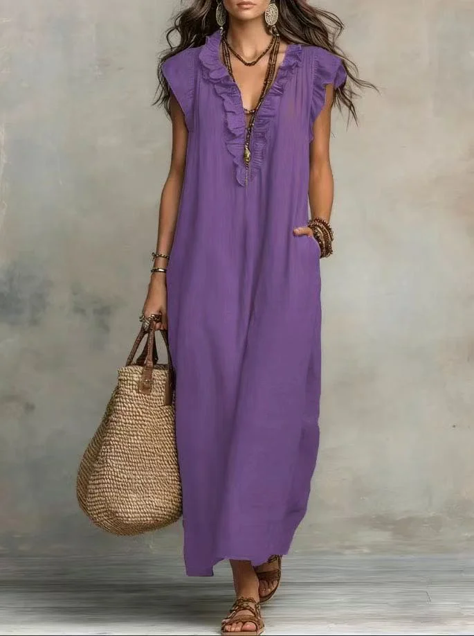 2026 Summer Women Boho Cotton Linen Maxi Dress Solid Color Ruffle V Neck Sleeveless Loose Long Dresses With Pockets Casual Beach 5