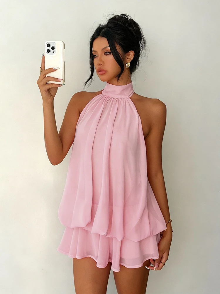Women Halter Neck Backless Tie Mini Dress Summer Sleeveless Chiffon Ruffle Short Dresses Sexy Club Party Beach Vacation Outfit 3