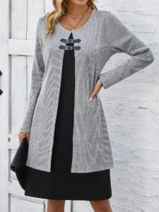 Women's Fashion Midi Dress, Ribbed Knit Construction with Contrast Insert and Buckle Detail
