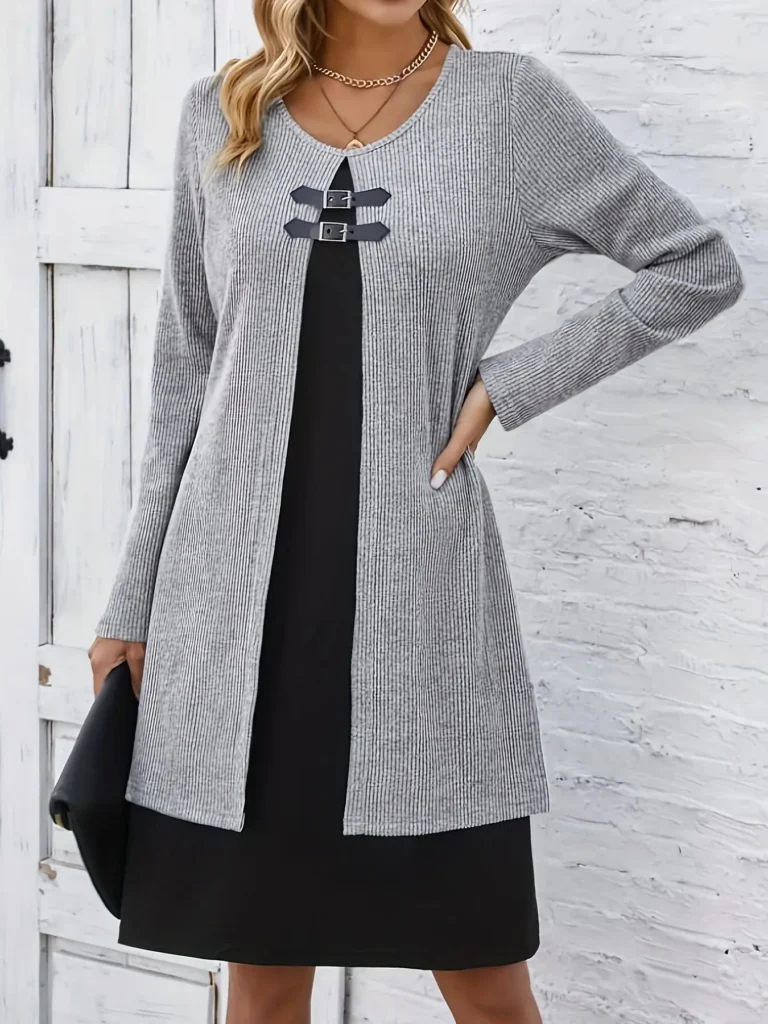 Women's Fashion Midi Dress, Ribbed Knit Construction with Contrast Insert and Buckle Detail 1