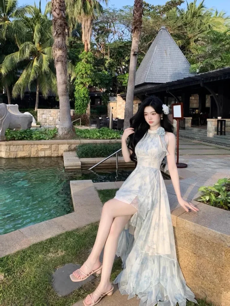 Beachside Fairylike Off-Shoulder Dress Irregular Hem Blue Floral Print Vacation Atmosphere High Waist Gauze Skirt Women's Fas... 3