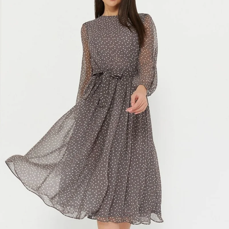 2026 Vintage Fashion Long Sleeve O-neck Chiffon Women Dress Autumn Polka Dot Print Elegant Dresses Spring Casual Evening Dress 3