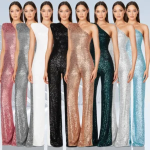 Women Elegant Long Jumpsuits Slanted Collar Party 2026 Sexy Glitter Sequin Club Playsuits Fashion Backless Solid Romper
