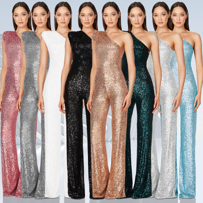 Women Elegant Long Jumpsuits Slanted Collar Party 2026 Sexy Glitter Sequin Club Playsuits Fashion Backless Solid Romper 1