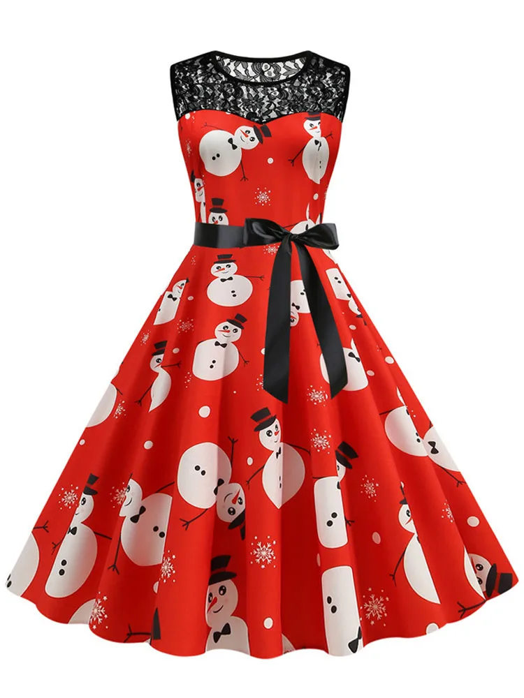 Elegant Vintage Women Christmas Dress Print Lace Patchwork Sleeveless O Neck High Waist Casual Party Costume Sundress 6