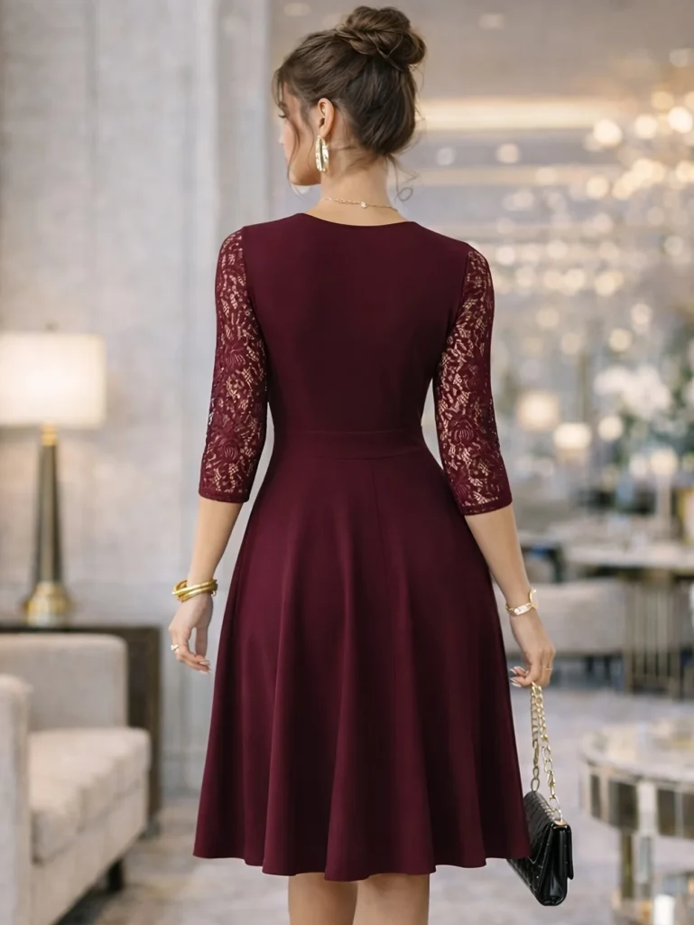Women Elegant Autumn V-Neck Three-quarter Sleeve Cocktail Party Solid Knee Length Swing A-Line Party Dresses 2