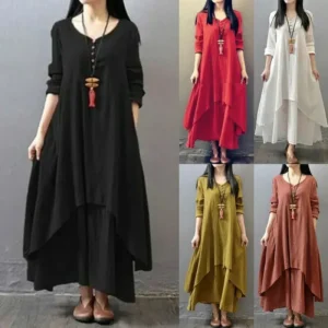 Spring Autumn Women Maxi Dresses Casual Full Sleeve Bohe Cotton Women'S Casual Fashion Loose Long With Button Solid Color Dresse