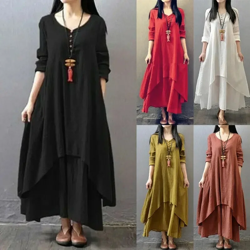 Spring Autumn Women Maxi Dresses Casual Full Sleeve Bohe Cotton Women'S Casual Fashion Loose Long With Button Solid Color Dresse 1