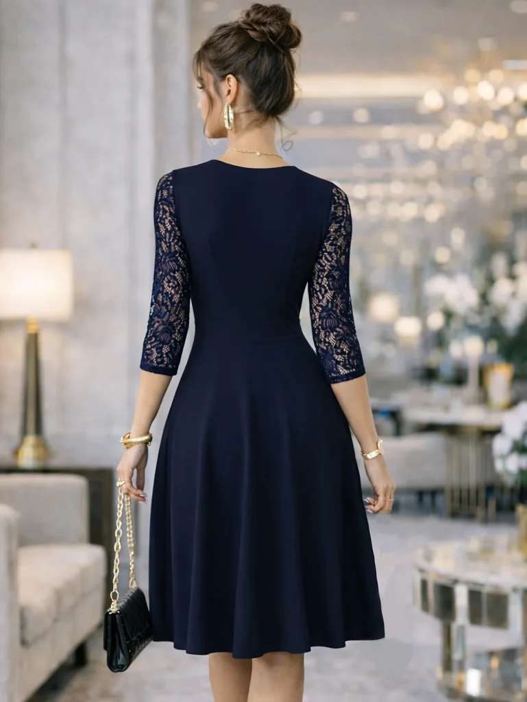 Women Elegant Autumn V-Neck Three-quarter Sleeve Cocktail Party Solid Knee Length Swing A-Line Party Dresses 4