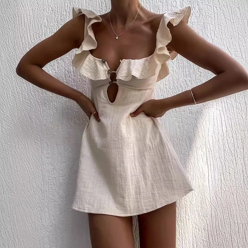 Summer Hollow Out Button Ruffles Short Dress Sexy V Neck Sleeveless Solid Color Dress New Holiday Beach Cotton Linen Mini Dress 3