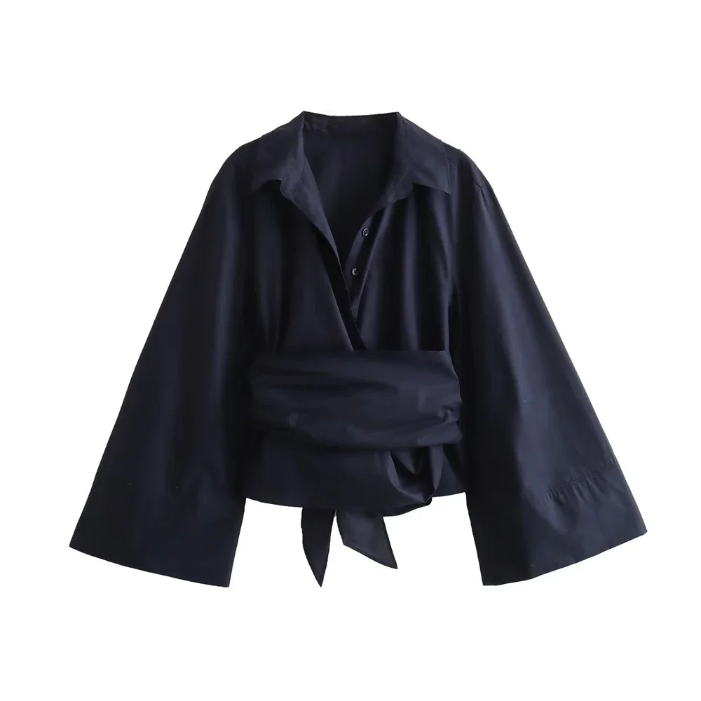 New Women's Fashion Casual Polo Neck Bow Tie up Short Edition Double Breasted Poplin Shirt 2