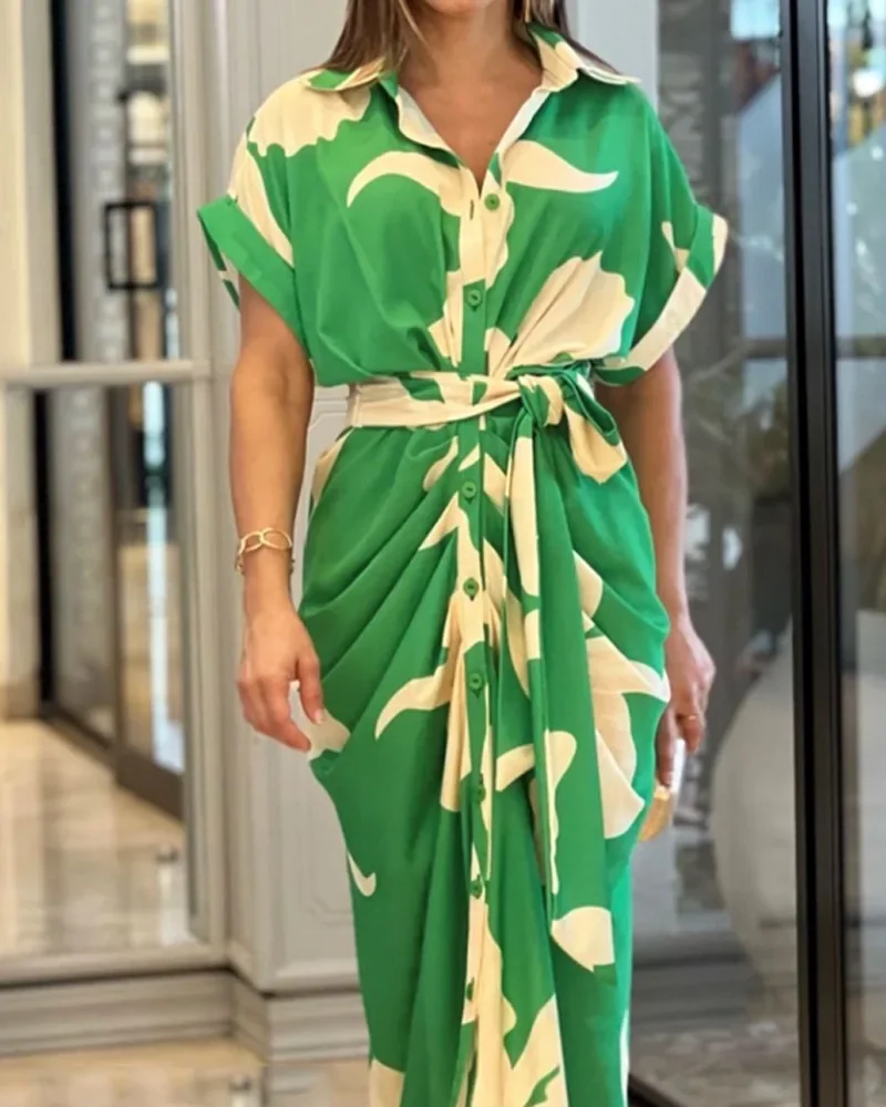 Women's Summer Casual Short Sleeved Printed Flip Collar Dress, Casual Elegant Button Up Women's Belt Dress 3