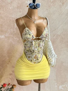 Women Spaghetti Strap Floral Printed Mini Dress Cutout Front Ruched Bodycon Short Dress For Club Night Party Occasion