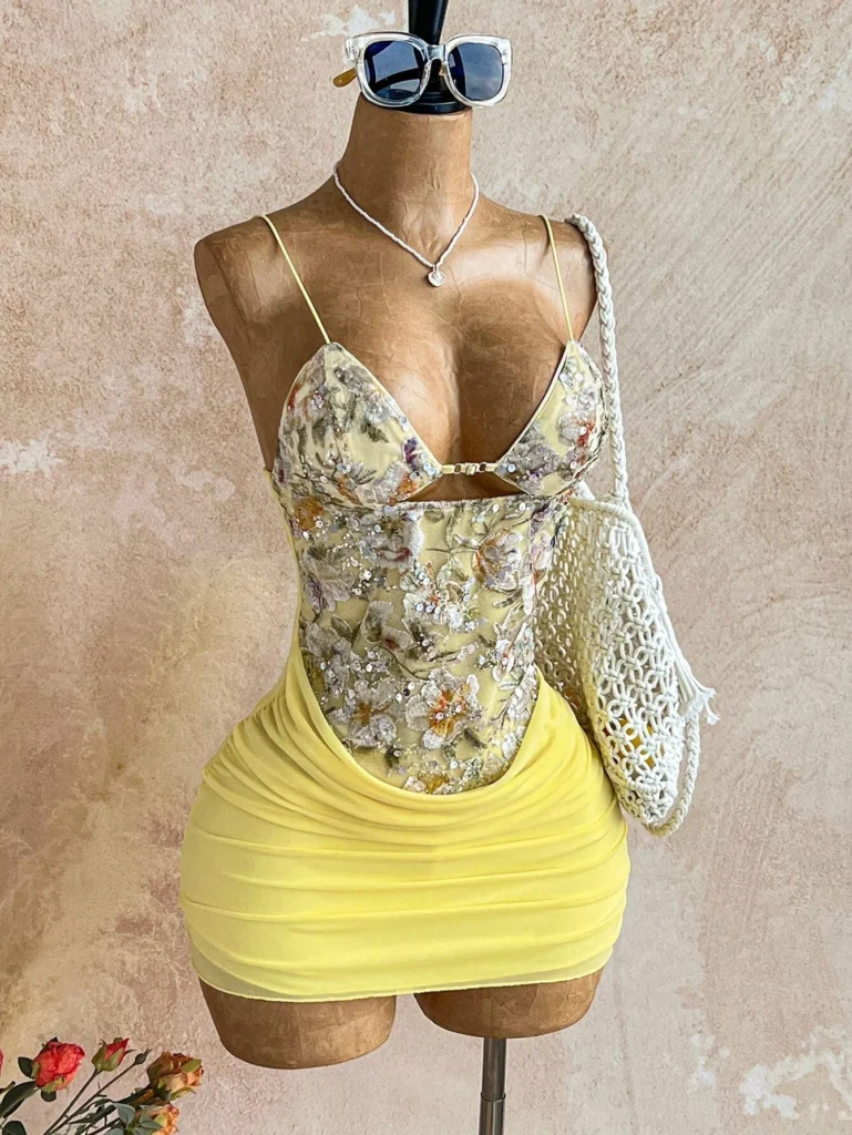 Women Spaghetti Strap Floral Printed Mini Dress Cutout Front Ruched Bodycon Short Dress For Club Night Party Occasion 1
