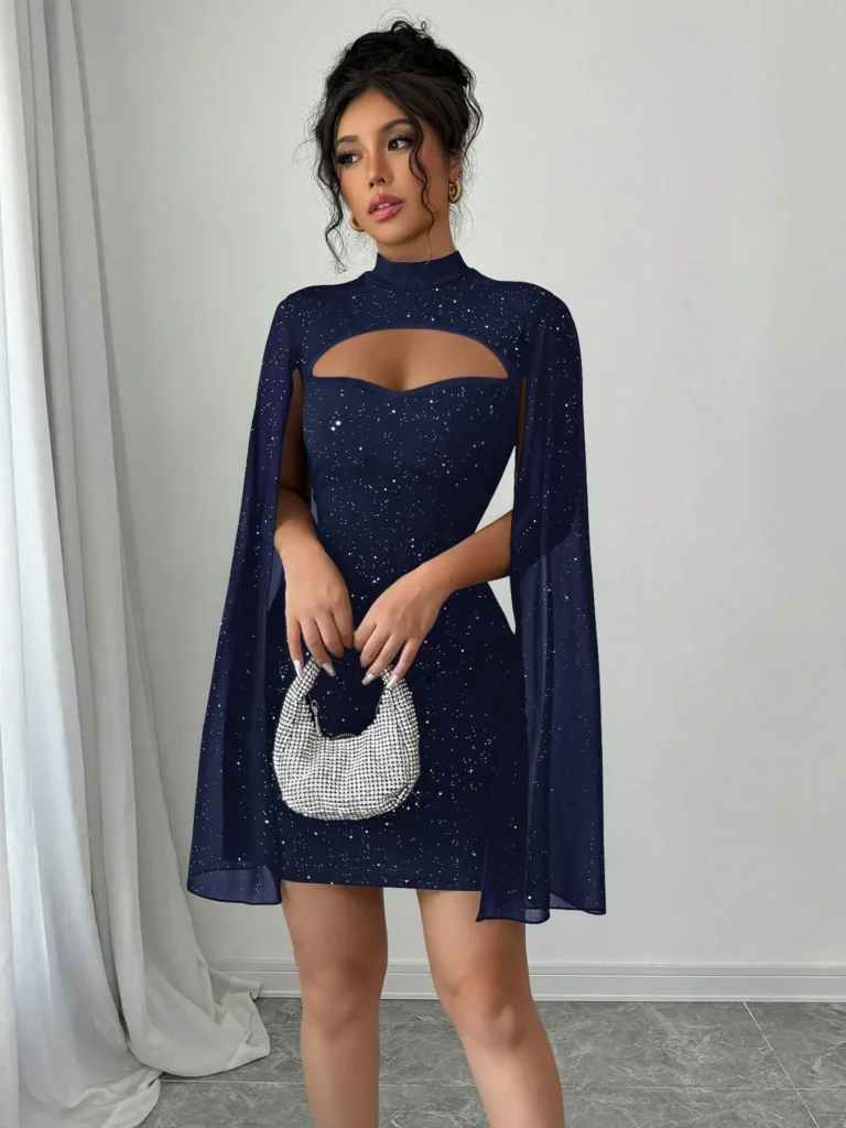 Sexy Women's Stand Collar Cape Mini Dress Sequins Sparkling Club Party Night Out Fitted Bodycon Elegant Autumn Winter 3
