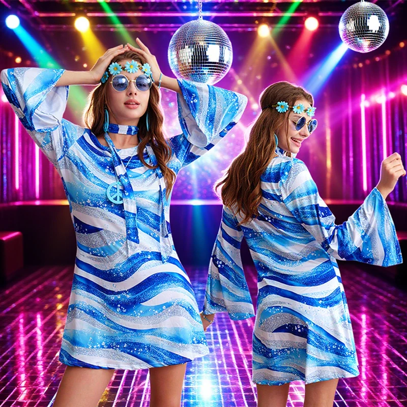 60s 70s Disco Dress 7 Piece Hippie Costume Women Printing Retro Style Clothes Accessories Jewelry Halloween Costumes 2