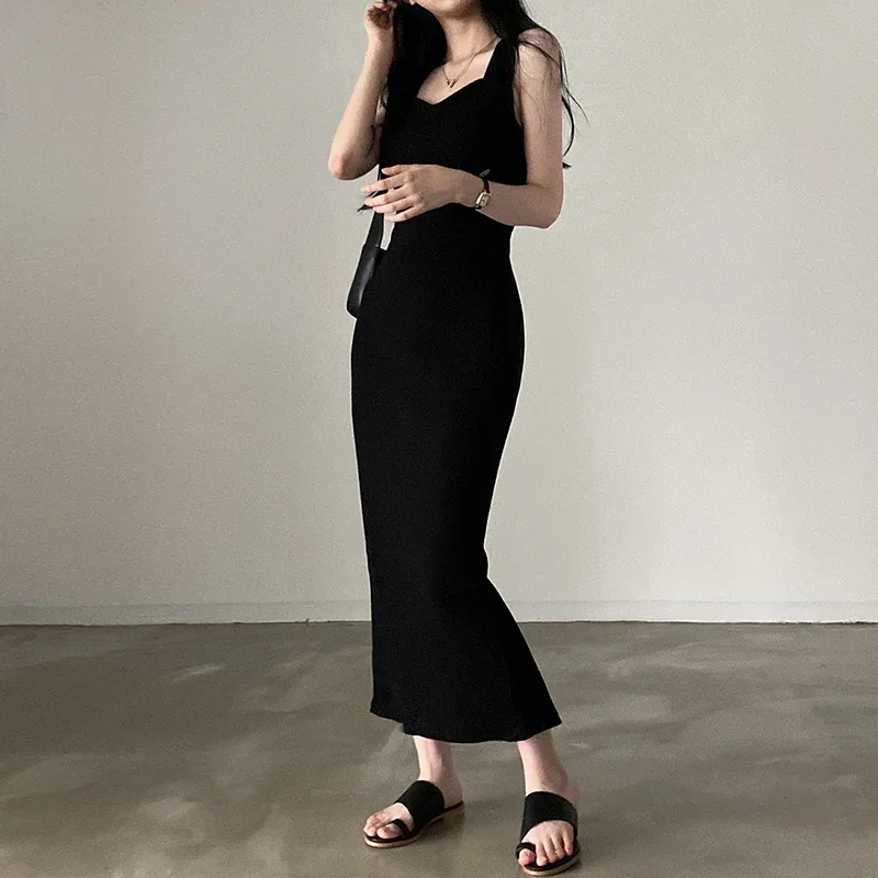 Myufon Basic Knit Long Dress Korean Fashion Square Collar Sleeveless Women's Dresses Summer Casual Y2k Vintage All-match Outftis 3