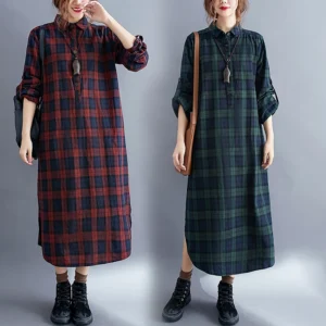plus Size Women's irt Dr Mid-Length Loose Fit Slimming Plaid Sle Autumn Faionable Split Hem  Collar Long Sve