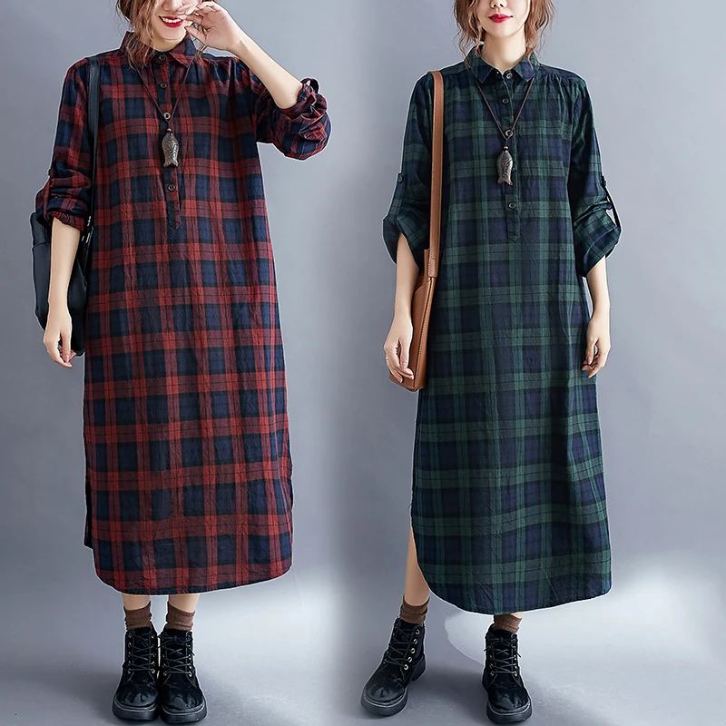 plus Size Women's irt Dr Mid-Length Loose Fit Slimming Plaid Sle Autumn Faionable Split Hem  Collar Long Sve 1
