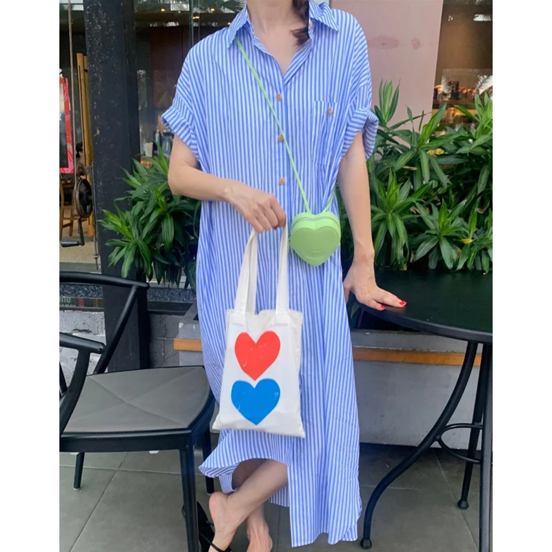 Fashion Blue Stripes Women Shirt Dress Loose Short Sleeve Lapel Elegant Summer Casual Dress Buttons Pocket Office Long Dress 3