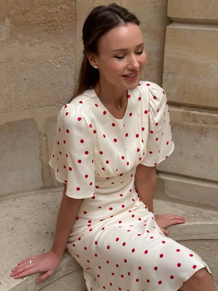 Huhugirl Dot Printing Long Dresses Elegant Half Sleeves O-Neck Casual Chic French Sweet Street Style For Women Summer Slim Soft 4