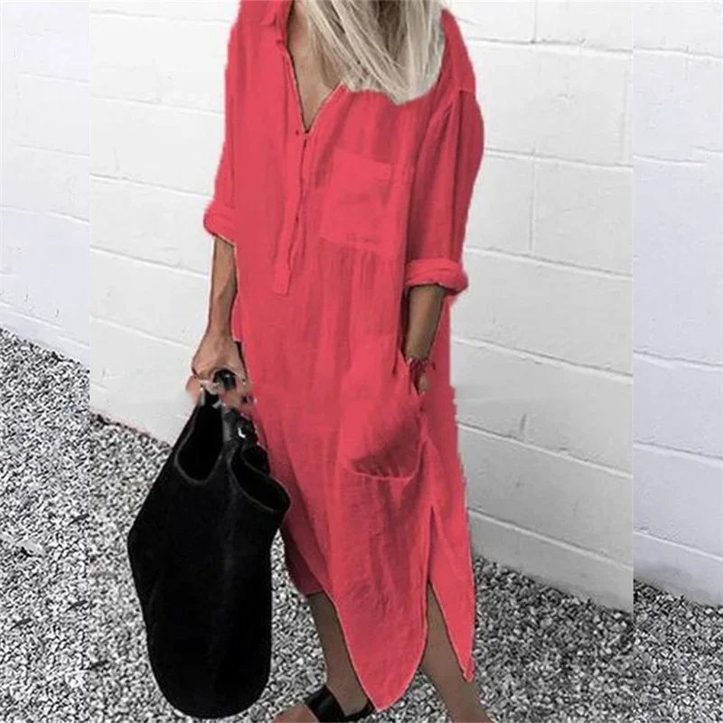 Women Elegant Cotton Linen Solid Color Dresses Summer Comfortable Female Casual Commuter Dress Multi-pocket Split Hem Loose Gown 3